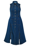 Sleeveless Button Denim Midi Dress