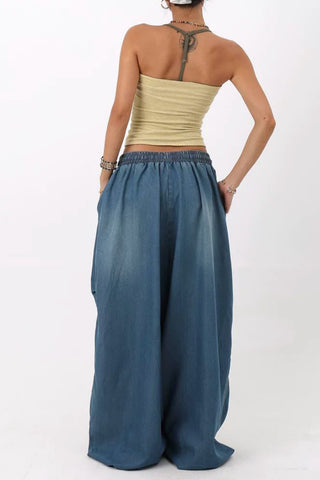 Elastic-Waist Wide Leg Denim Pants
