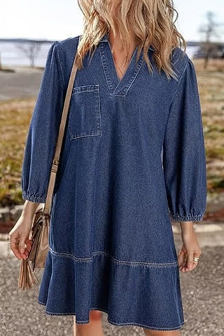 V-Neck Denim Dress with Soft Ruffle Hem