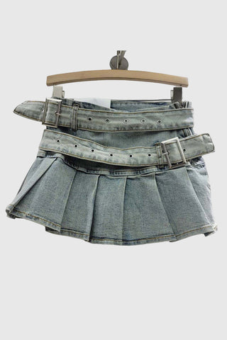 Belted Pleated Mini Skirt