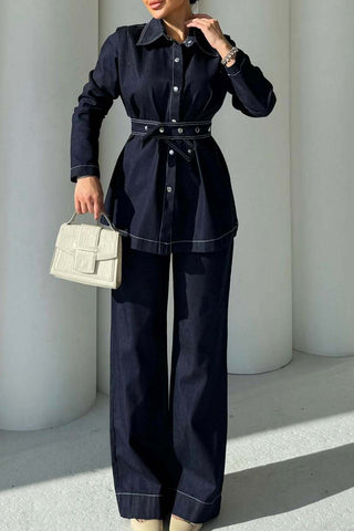 Versatile Belted Denim Pants Set