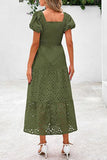 Square Neck Puff Sleeve Eyelet Dress