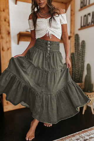 Tiered Button-Front Denim Skirt