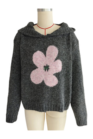 Floral Knit Sweater with Hood