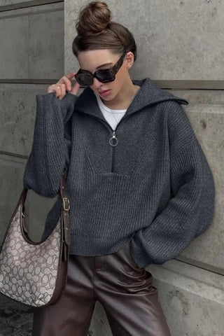 Zip-Front Sweater with Wide Collar
