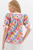 Contrast Trim Floral Puff Sleeve Blouse