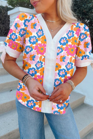 Contrast Trim Floral Puff Sleeve Blouse