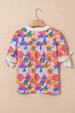 Contrast Trim Floral Puff Sleeve Blouse
