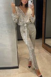 Sequin V-Neck Belted Jumpsuit