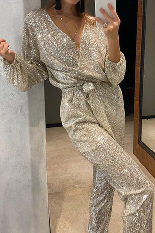 Sequin V-Neck Belted Jumpsuit
