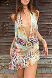 Tie-Neck Printed Casual Shorts Outfit