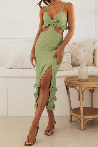 Fringe-Accent Cutout Midi Dress