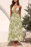 Leaf Print Halter Maxi Dress