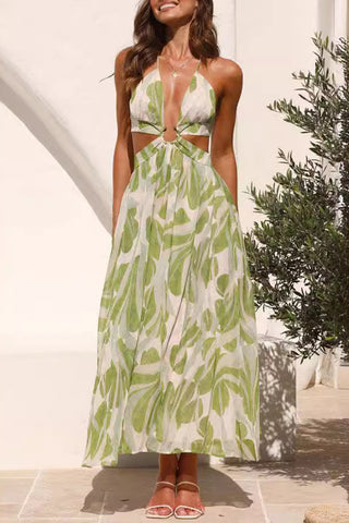 Leaf Print Halter Maxi Dress