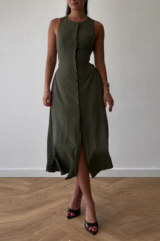 Buttoned Front Sleeveless Midi Dress