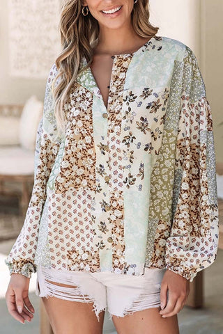 Floral Patchwork Long Puff Sleeve Shirt
