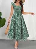 Floral Print Ruffle Sleeve Midi Dress