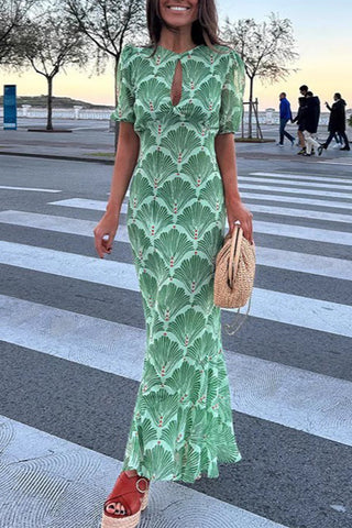 Printed Puff-Sleeve Midi Dress