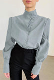 High Collar Button-Up Blouse