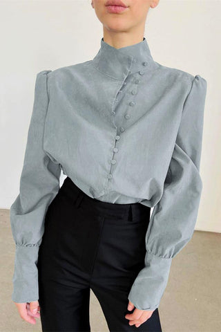 High Collar Button-Up Blouse