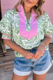Green Leaves Pattern Color Block V-Neck Puff Sleeve Blouse