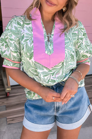 Green Leaves Pattern Color Block V-Neck Puff Sleeve Blouse