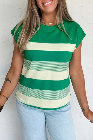 Stripe Crew Neck Cap Sleeve T-Shirt