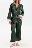 Feather Trim Button-Up Loungewear Set