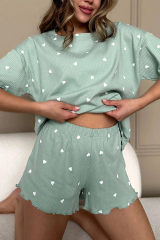 Heart Print Ribbed Knit Shorts Set
