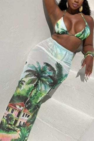 Tropical Print Bikini Set with Cover-Up