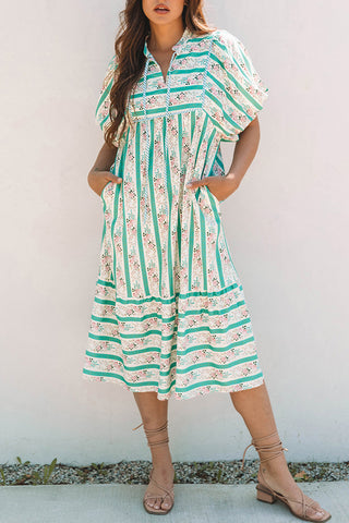 Striped Puff Sleeve Midi Dress