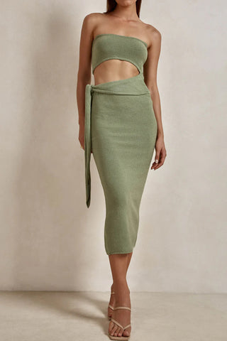 Strapless Midi Dress with Tie Detail