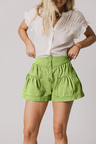 Button-Front Tiered Denim Shorts