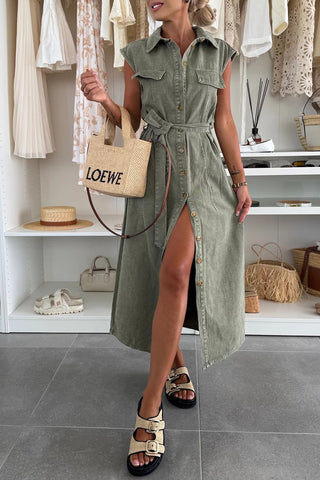 Belted Button-Front Denim Dress