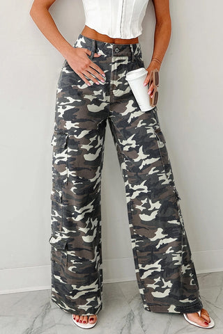 Camo Denim Cargo Wide Leg Pants