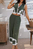 Floral Trim Wide-Leg Pants Set