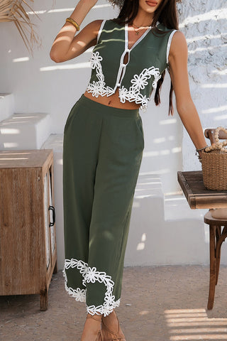 Floral Trim Wide-Leg Pants Set
