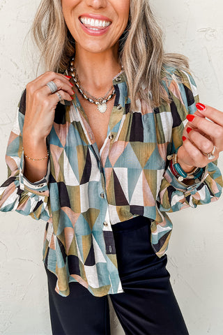 Geometric Print Balloon Sleeve Shirt