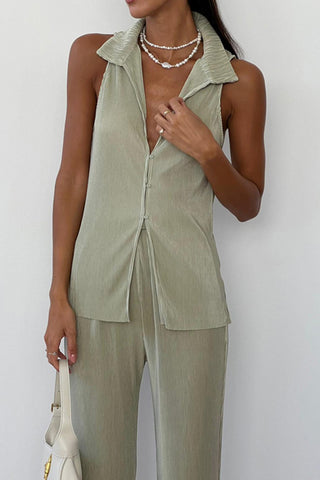 Collared Button-Front Pants Set