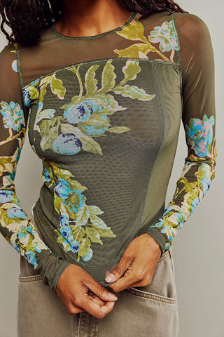 Floral Long-Sleeve Mesh Blouse