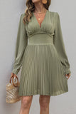 Pleated V-Neck Casual Dress