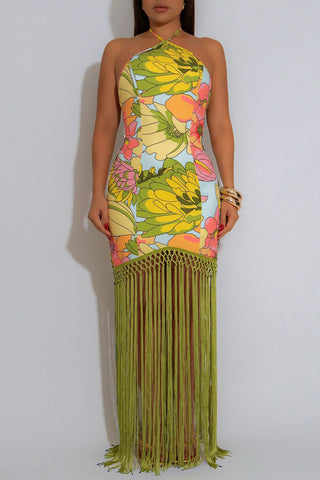 Floral Halter Fringe Casual Dress