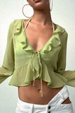 Sheer Ruffle Tie-Front Blouse