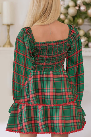 Puff Sleeve Tiered Plaid Dress