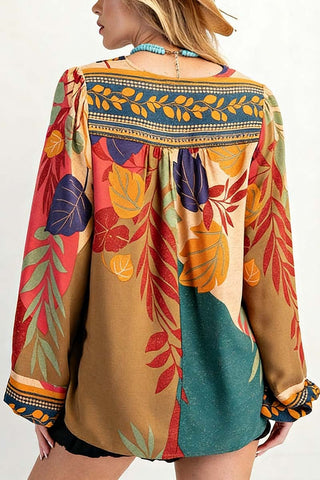Patterned Blouse with V-Neck Detail