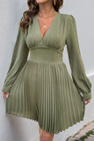 Pleated V-Neck Casual Dress