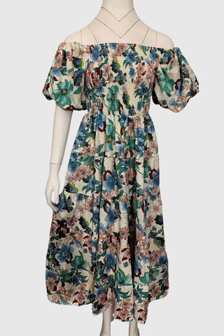Puff-Sleeve Smocked Midi Dress