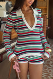 Striped V-Neck Shorts Set