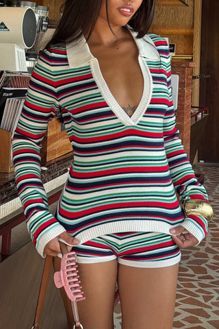 Striped V-Neck Shorts Set