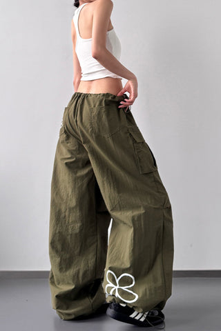 Wide-Leg Cargo Pants with Floral Detail